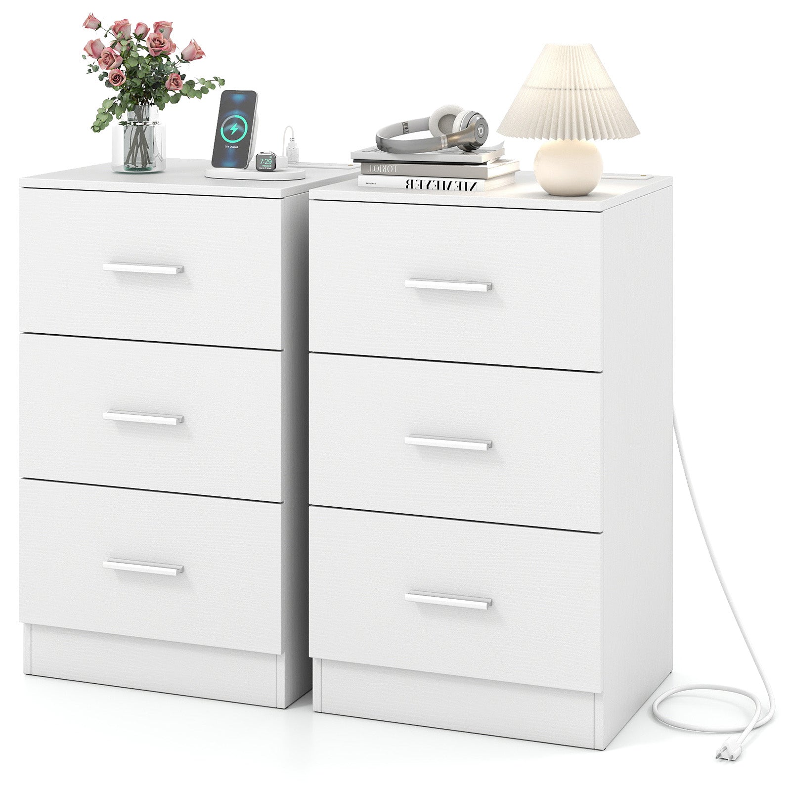 Set of 2 Nightstand with Charging Station End Table with 3 Storage Drawers Bedside Table for Bedroom - Tampa Home & Garden Store