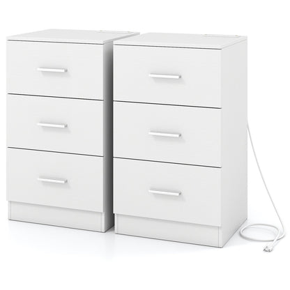Set of 2 Nightstand with Charging Station End Table with 3 Storage Drawers Bedside Table for Bedroom - Tampa Home & Garden Store