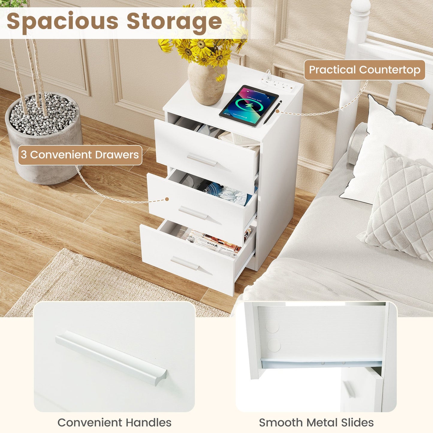 Set of 2 Nightstand with Charging Station End Table with 3 Storage Drawers Bedside Table for Bedroom - Tampa Home & Garden Store