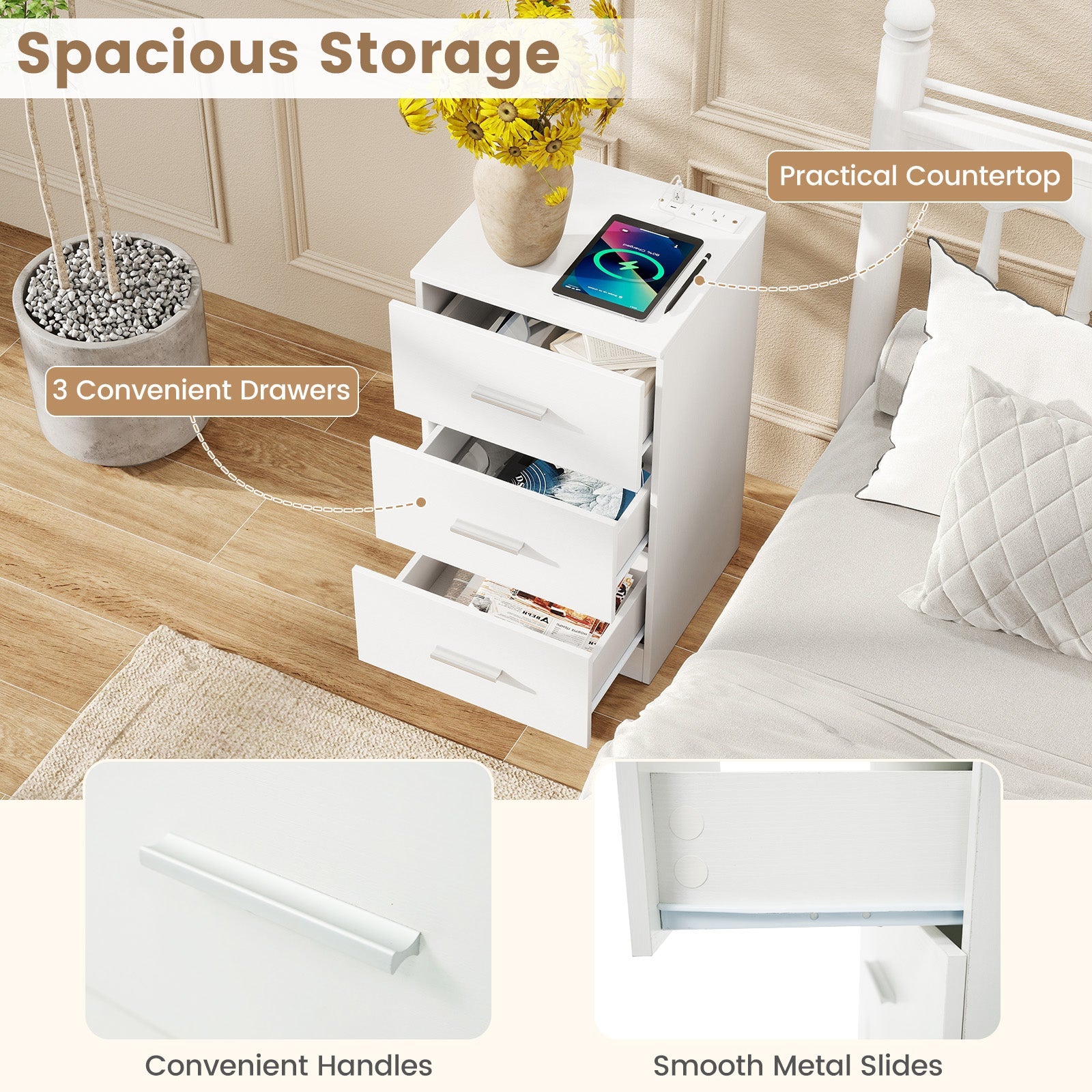 Set of 2 Nightstand with Charging Station End Table with 3 Storage Drawers Bedside Table for Bedroom - Tampa Home & Garden Store