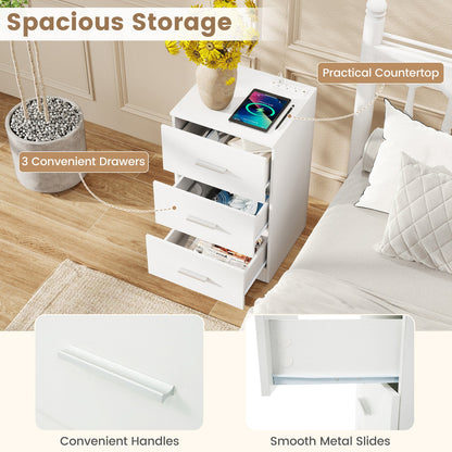 Set of 2 Nightstand with Charging Station End Table with 3 Storage Drawers Bedside Table for Bedroom - Tampa Home & Garden Store