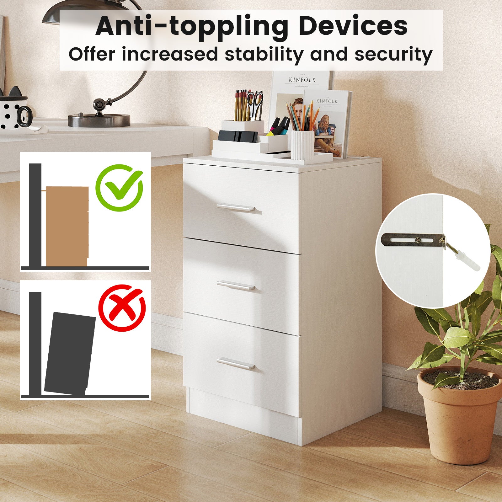 Set of 2 Nightstand with Charging Station End Table with 3 Storage Drawers Bedside Table for Bedroom - Tampa Home & Garden Store