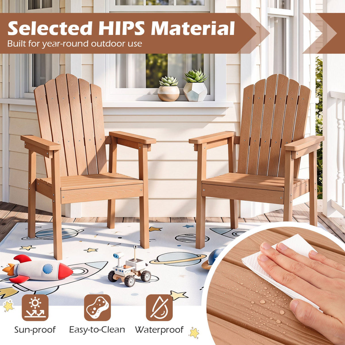 Adirondack chairs set of 2 in brown wood with high backs on a porch on Tampa Home & Garden Store