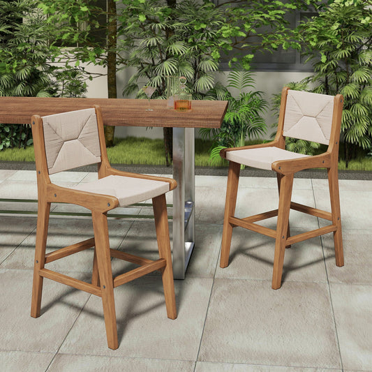 Juego de 2 taburetes de bar de altura de mostrador para exteriores, taburetes de patio de cuerda de papel tejida con estructura de madera de teca