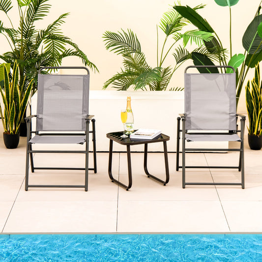 Set of 2 Outdoor Folding Sling Chairs with Armrest and Backrest-Gray - Tampa Home & Garden Store