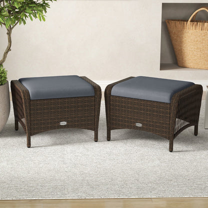 Outdoor PE wicker ottomans set of 2 by DirectDeals with removable blue cushions on Tampa Home & Garden Store