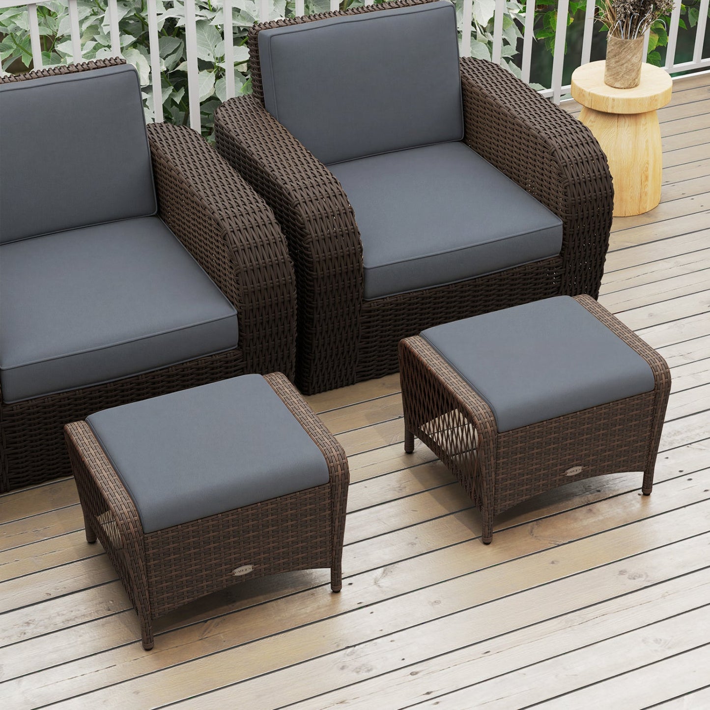 Outdoor PE wicker ottomans set of 2 with removable grey cushions, dark brown weave, DirectDeals on Tampa Home & Garden Store