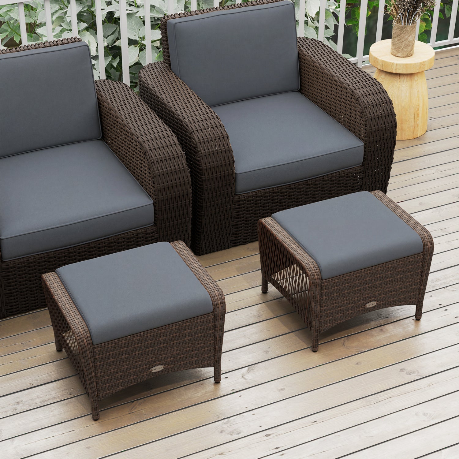 Outdoor PE wicker ottomans set of 2 with removable grey cushions, dark brown weave, DirectDeals on Tampa Home & Garden Store