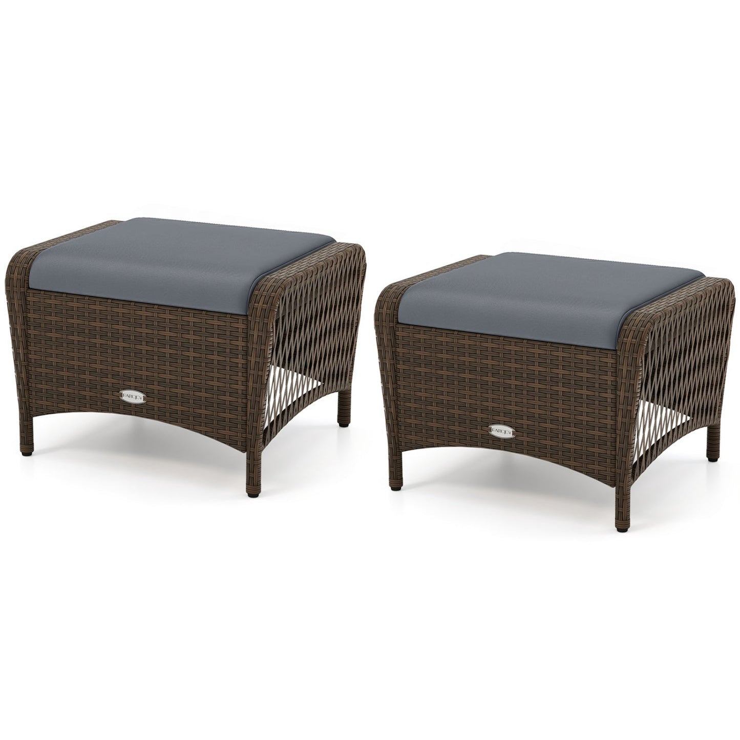 Outdoor PE wicker ottomans set of 2 with removable blue-gray cushions brown wicker DirectDeals on Tampa Home & Garden Store