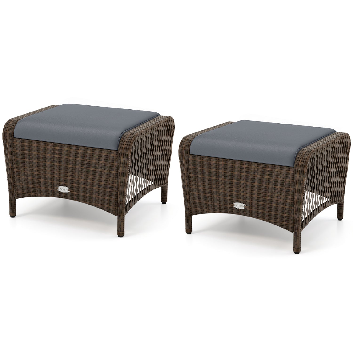Outdoor PE wicker ottomans set of 2 with removable blue-gray cushions brown wicker DirectDeals on Tampa Home & Garden Store
