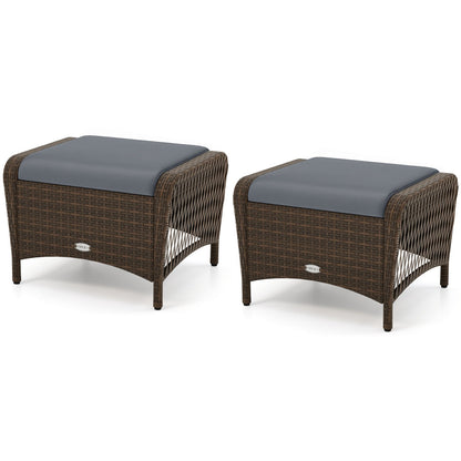 Outdoor PE wicker ottomans set of 2 with removable blue-gray cushions brown wicker DirectDeals on Tampa Home & Garden Store