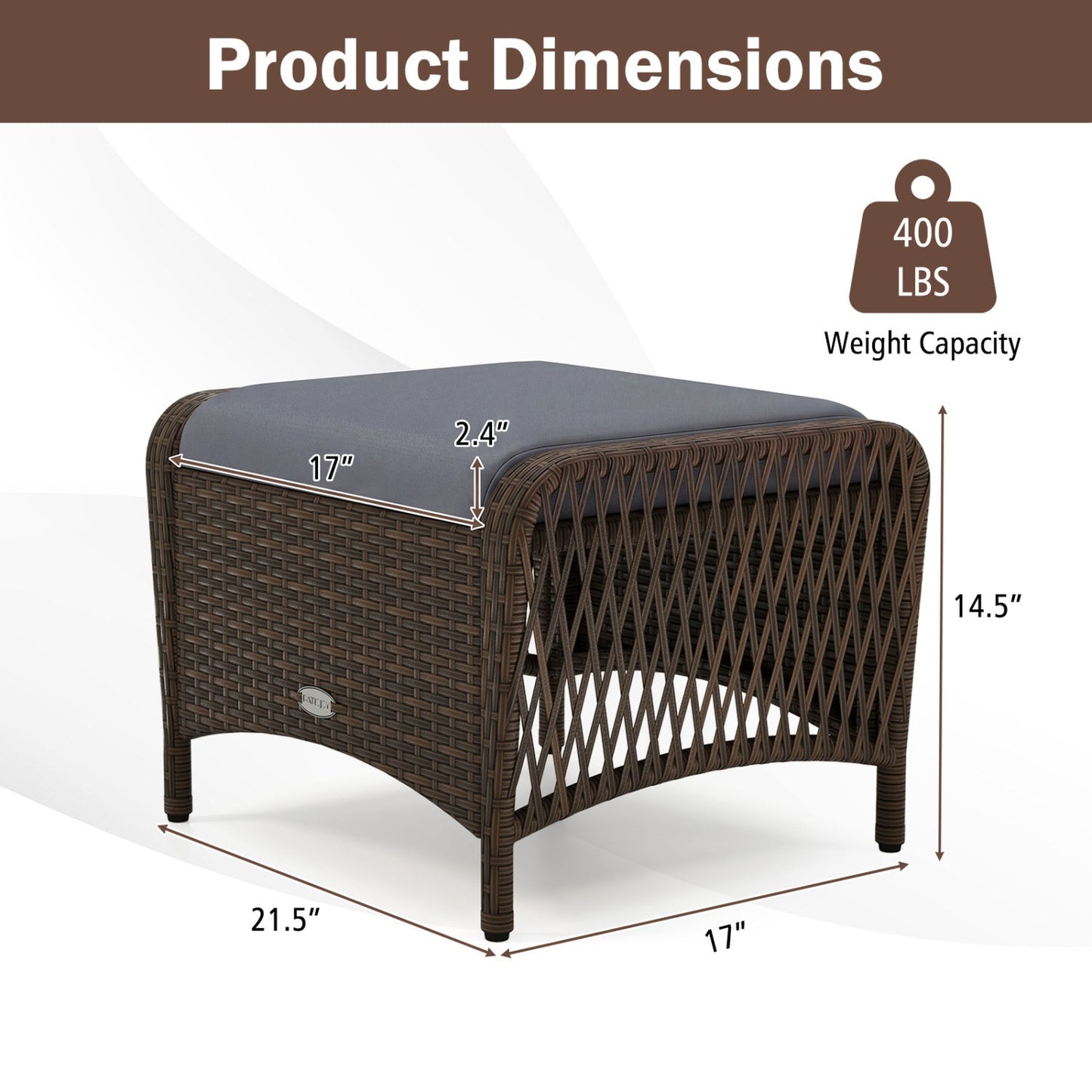 Outdoor PE wicker ottomans DirectDeals set of 2 with removable gray cushions, brown woven frames on Tampa Home & Garden Store
