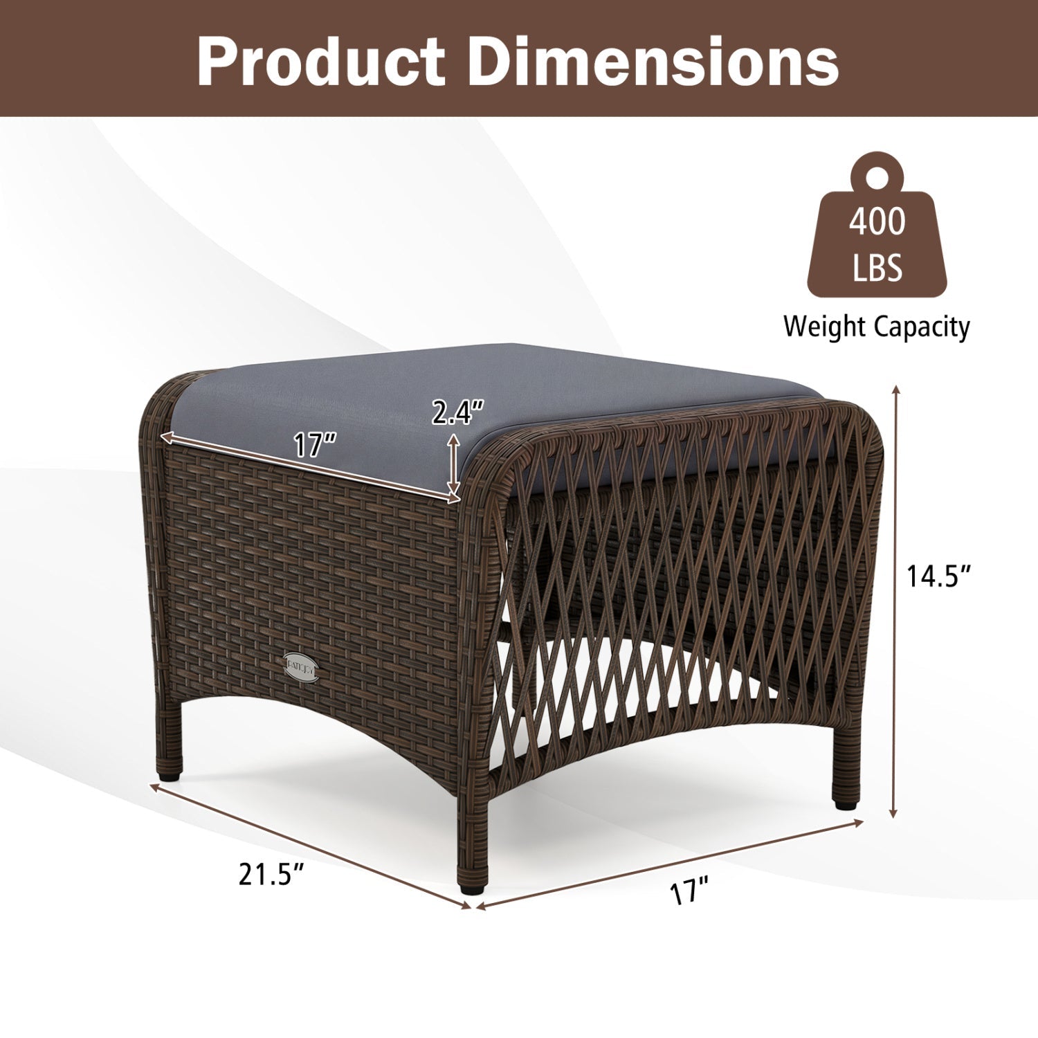 Outdoor PE wicker ottomans DirectDeals set of 2 with removable gray cushions, brown woven frames on Tampa Home & Garden Store