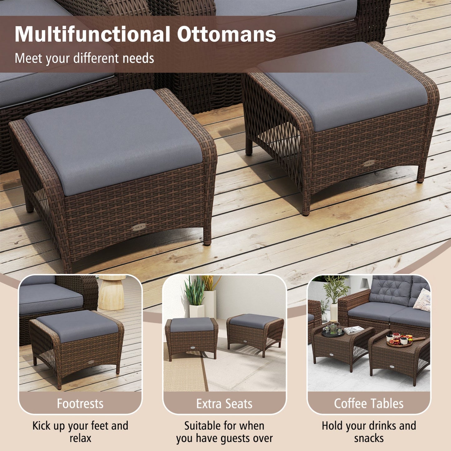 Outdoor PE wicker ottomans set of 2 with removable gray cushions DirectDeals on Tampa Home & Garden Store