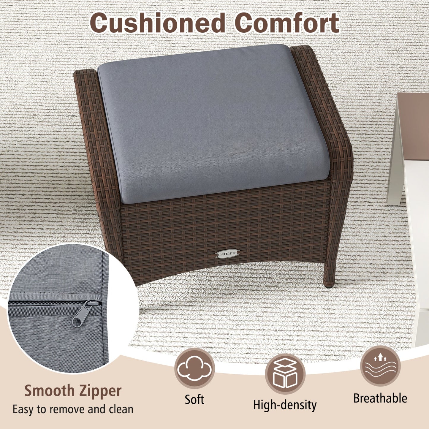 Ottoman outdoor wicker with removable gray cushion, brown PE weave, zippered cover PATIOJOY tag on Tampa Home & Garden Store