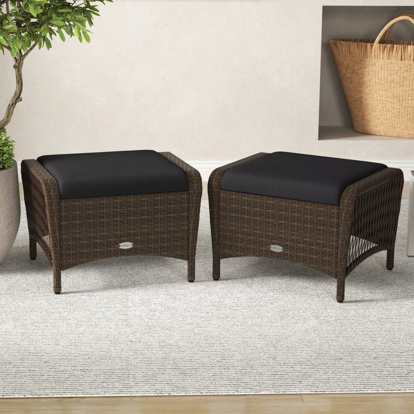 Ottomans set of 2 outdoor PE wicker with removable black cushions DirectDeals on Tampa Home & Garden Store