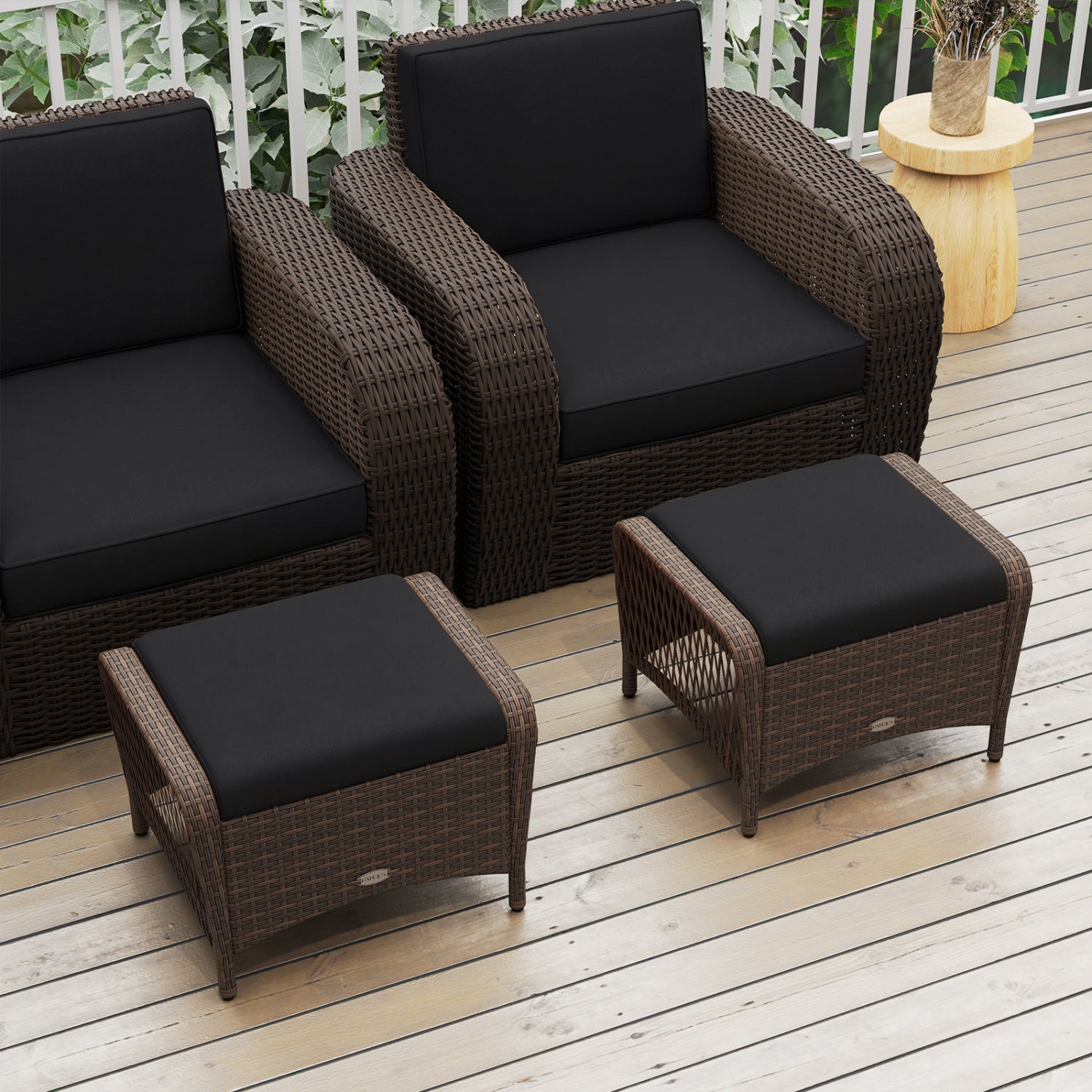 Outdoor PE wicker ottomans set of 2 with removable cushions brown wicker black cushions on Tampa Home & Garden Store