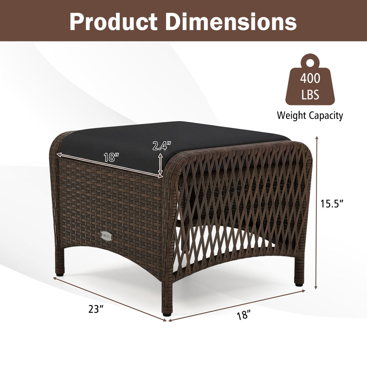 Outdoor PE wicker ottomans set of 2 with removable cushions dark brown black cushions 400 lbs on Tampa Home & Garden Store