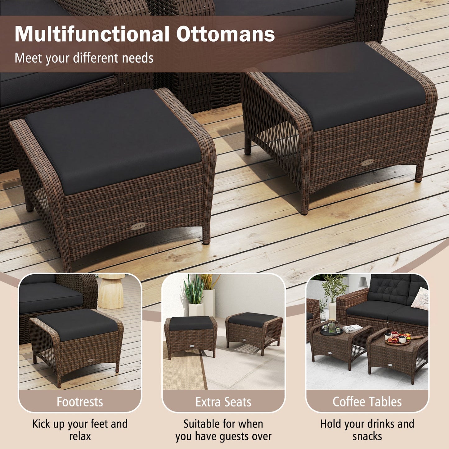 Outdoor PE wicker ottomans 2-pack with removable cushions, black cushions, DirectDeals on Tampa Home & Garden Store