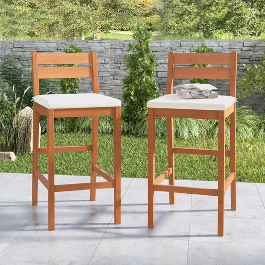Set of 2 Outdoor Wood Barstools with Soft Seat Cushion-Off White - Tampa Home & Garden Store