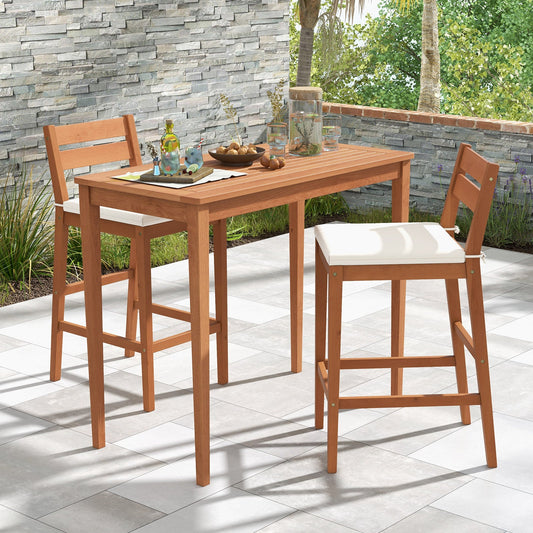 Set of 2 Outdoor Wood Barstools with Soft Seat Cushion-Off White - Tampa Home & Garden Store