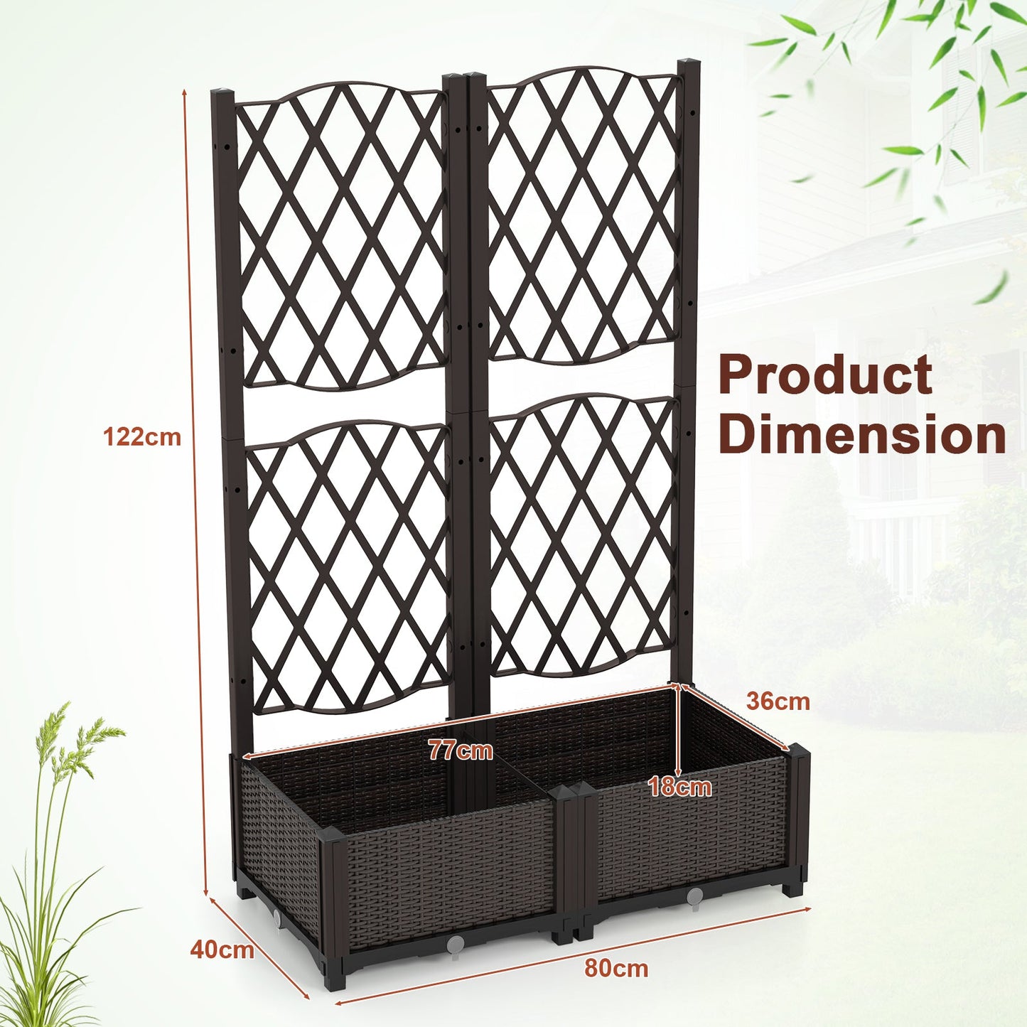 Set of 2 PE Rattan Raised Garden Bed with Trellis Planter Box for Climbing Plants-Rustic Brown