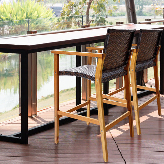 Set of 2 PE Wicker Patio Bar Chairs with Acacia Wood Armrests-Set of 2 - Tampa Home & Garden Store