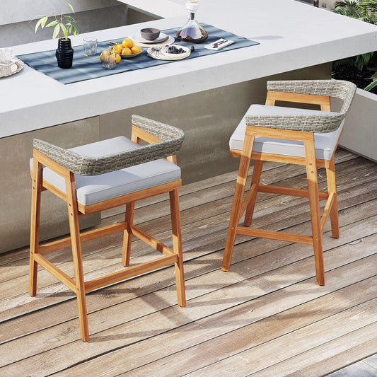Set of 2 Patio Acacia Wood Counter Height Bar Stools with Cushions and PE Wicker Backrests Footrests-Gray - Tampa Home & Garden Store