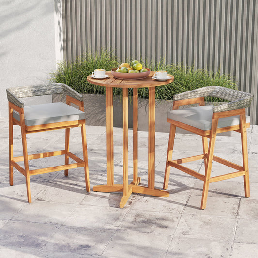Set of 2 Patio Acacia Wood Counter Height Bar Stools with Cushions and PE Wicker Backrests Footrests-Gray - Tampa Home & Garden Store