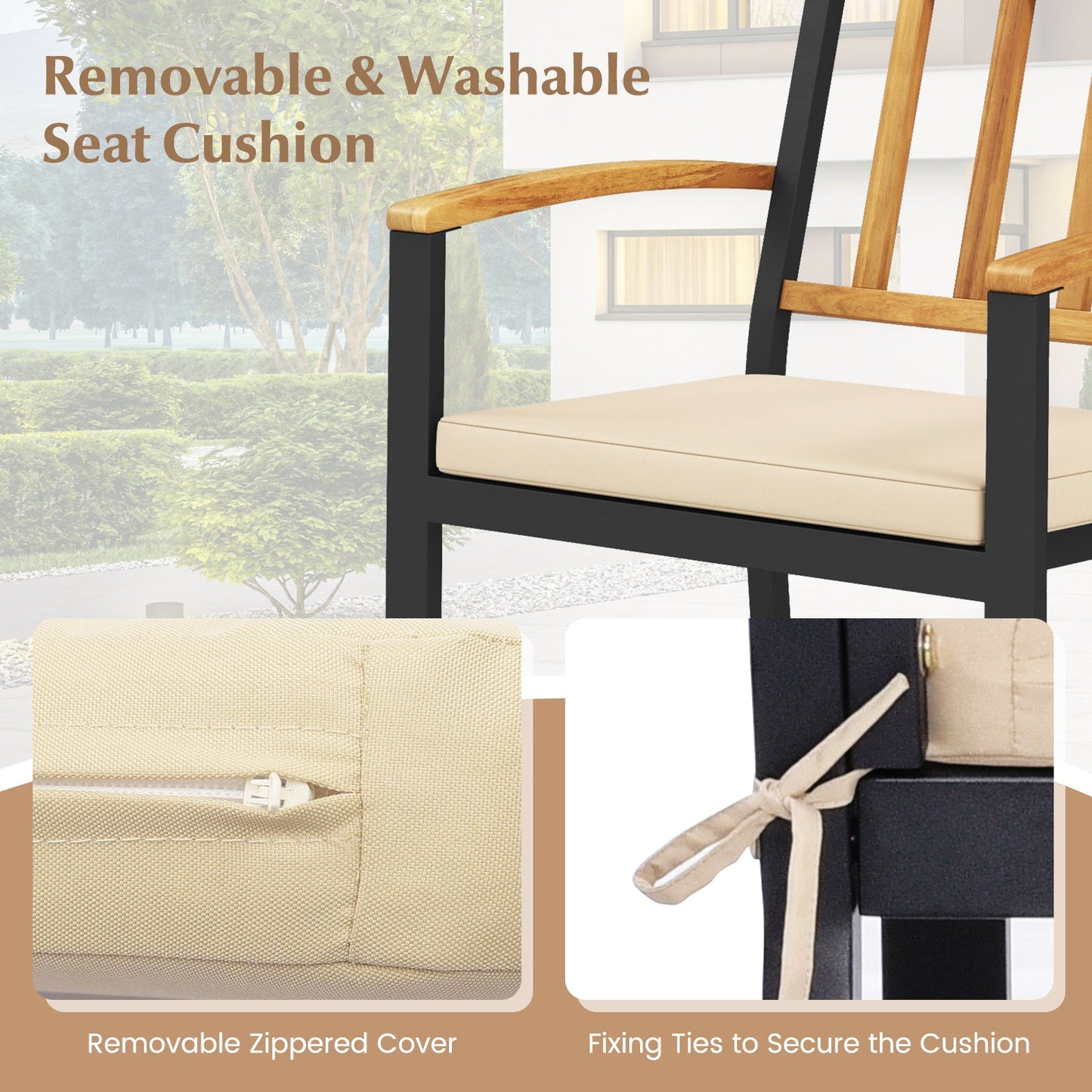 Juego de 2 sillas de comedor para patio con cojines acolchados extraíbles - 43 cm