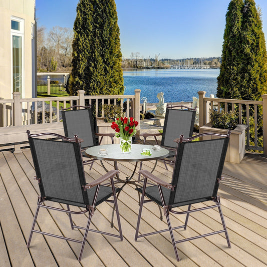 GemGear Set of 2 patio folding sling-back chairs, gray fabric and frames on a lakeside deck on Tampa Home & Garden Store