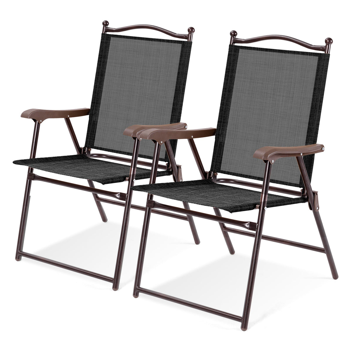 Set of 2 GemGear patio folding sling back camping deck chairs with brown frames and black mesh on Tampa Home & Garden Store