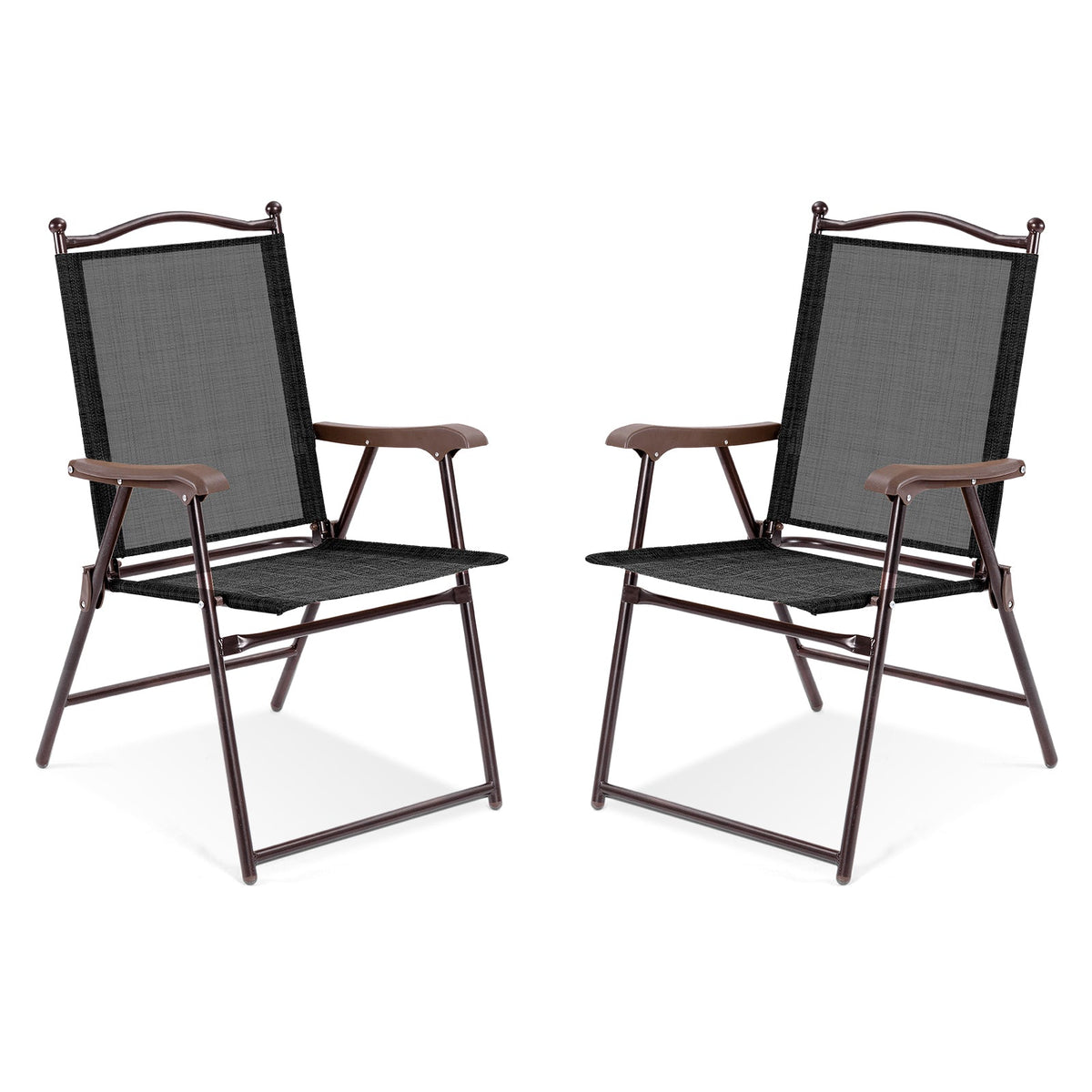 GemGear set of 2 patio folding sling back deck chairs with brown frame and black mesh on Tampa Home & Garden Store