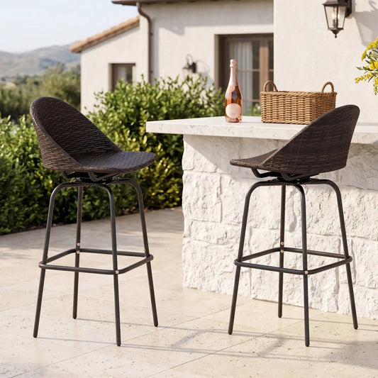 Bar stools set of 2 with brown wicker seats and black metal swivel bases on outdoor patio on Tampa Home & Garden Store