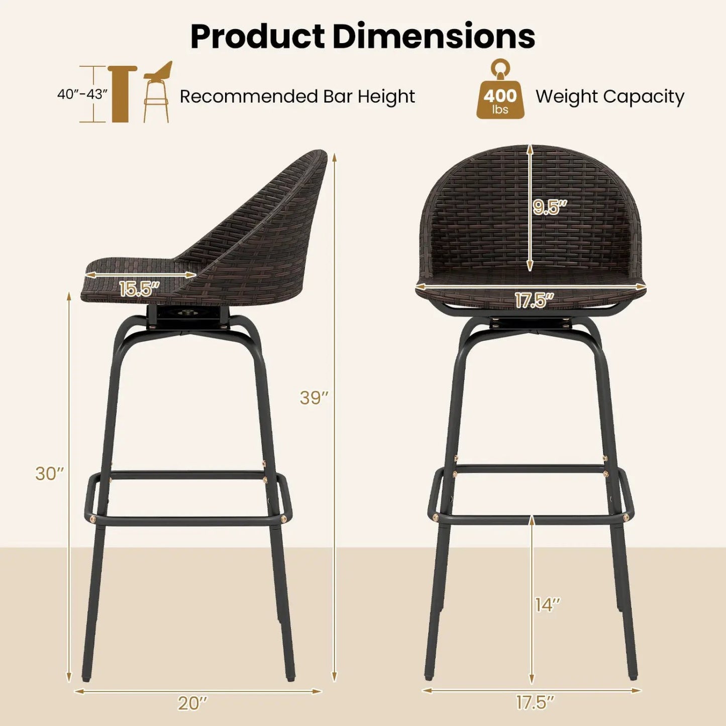 Swivel Patio Bar Stools Set 2 With Rattan Seat