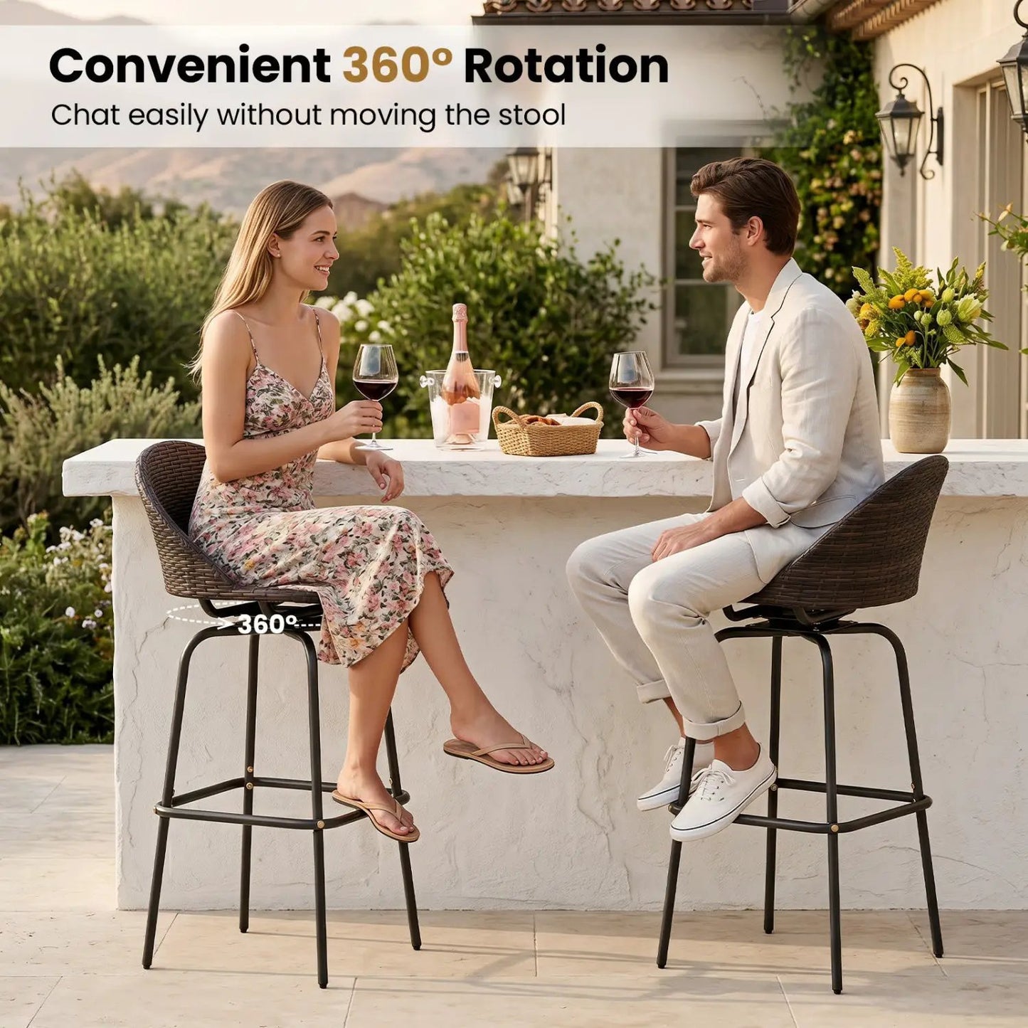 Swivel Patio Bar Stools Set 2 With Rattan Seat