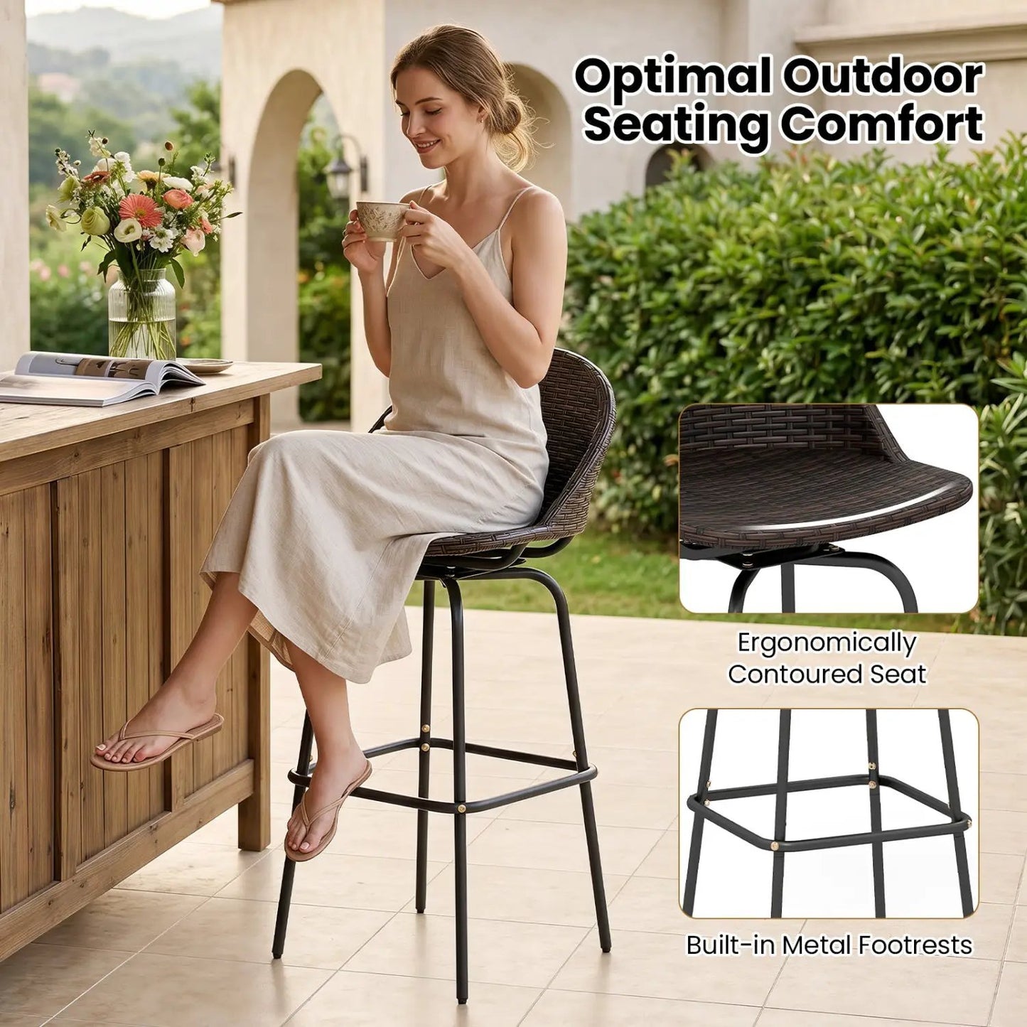 Swivel Patio Bar Stools Set 2 With Rattan Seat
