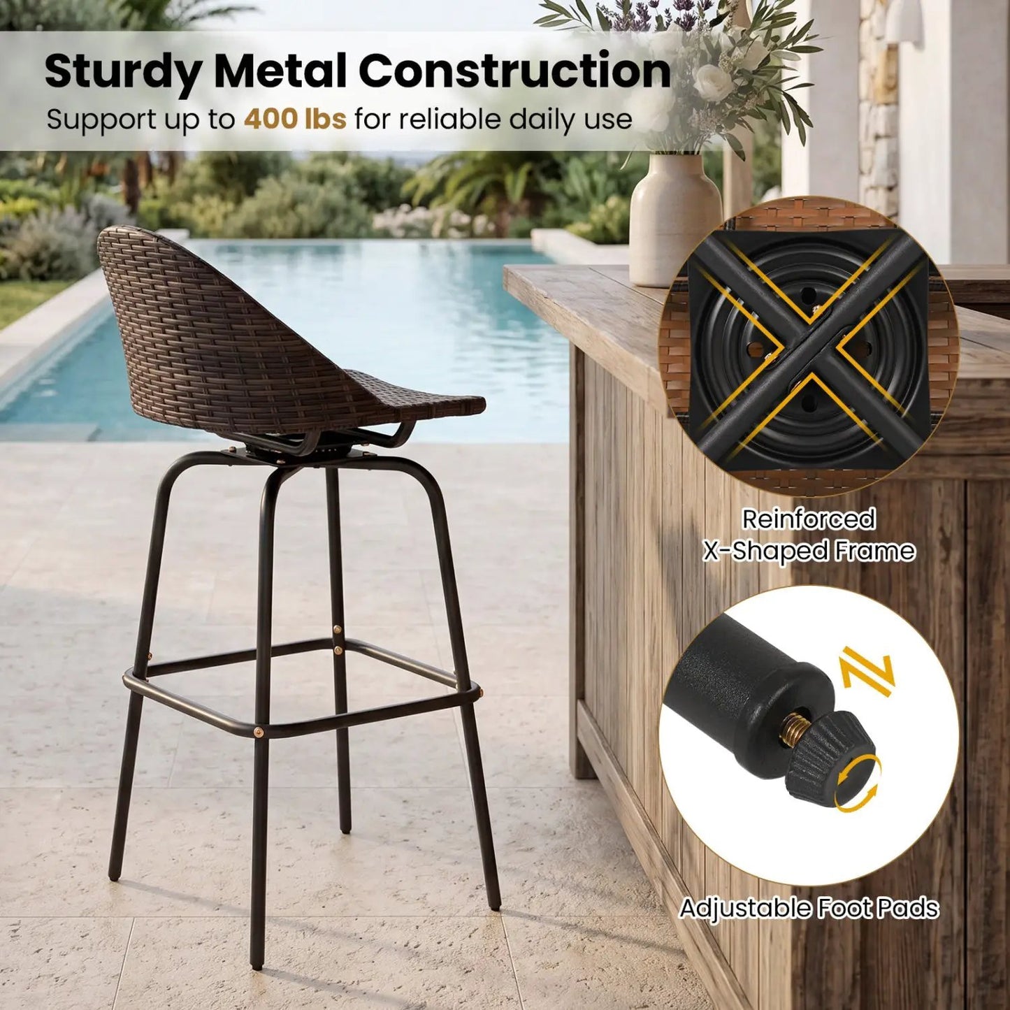 Swivel Patio Bar Stools Set 2 With Rattan Seat