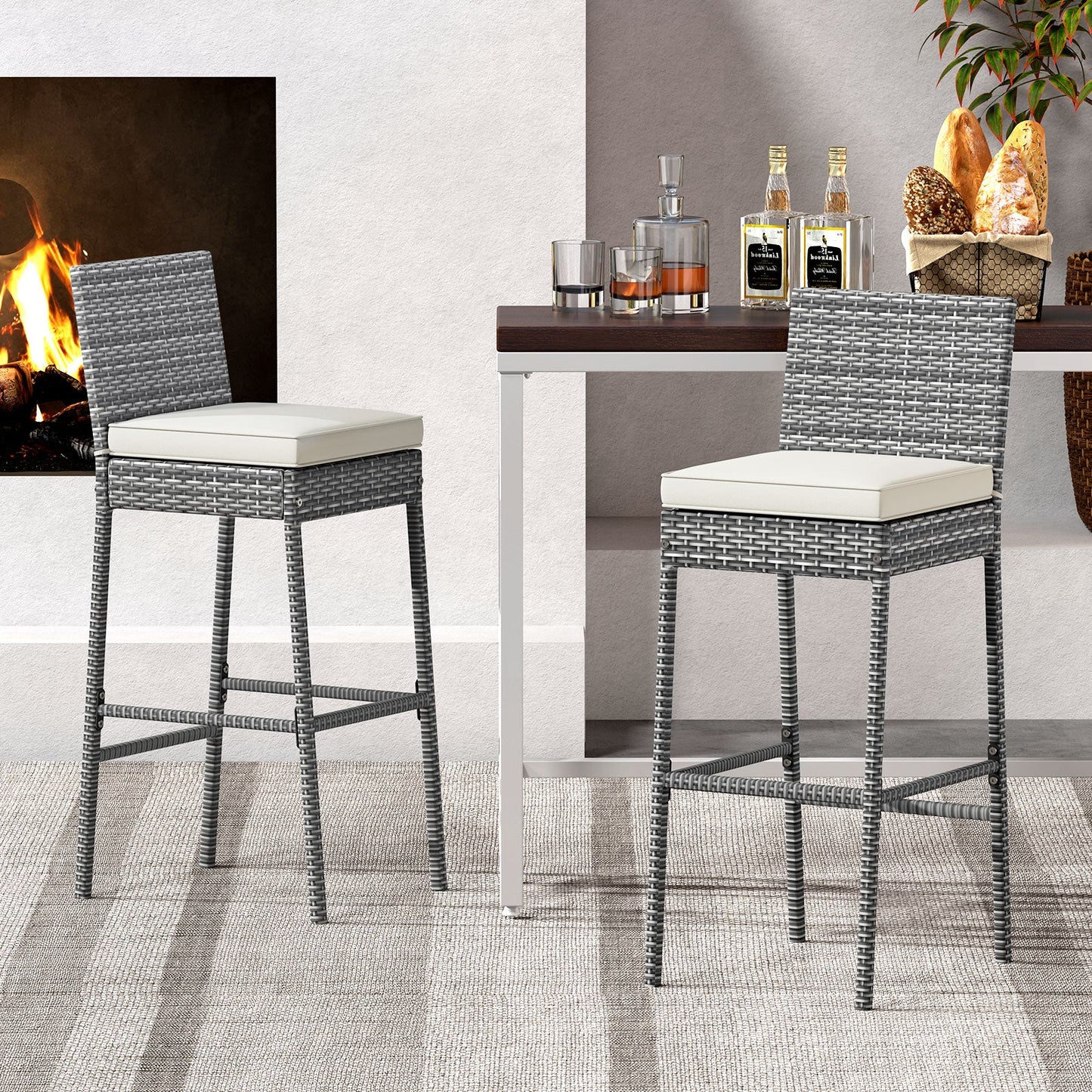 Juego de 2/4 taburetes de bar de mimbre para patio con cojín de asiento suave y cómodo reposapiés - Juego de 2