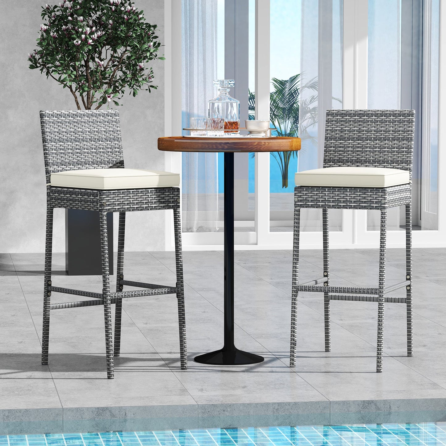 Juego de 2/4 taburetes de bar de mimbre para patio con cojín de asiento suave y cómodo reposapiés - Juego de 2