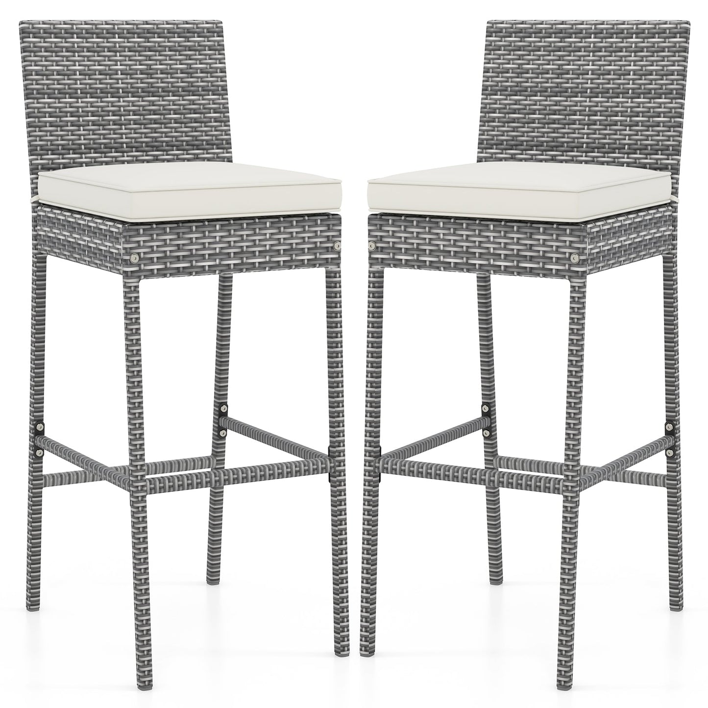 Juego de 2/4 taburetes de bar de mimbre para patio con cojín de asiento suave y cómodo reposapiés - Juego de 2