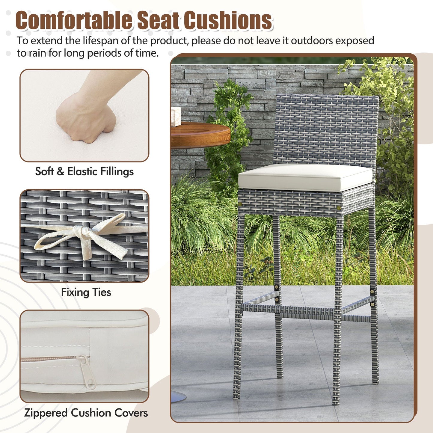 Juego de 2/4 taburetes de bar de mimbre para patio con cojín de asiento suave y cómodo reposapiés - Juego de 2