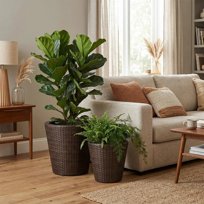 Rattan Planters Set of 2 With Drainage Holes