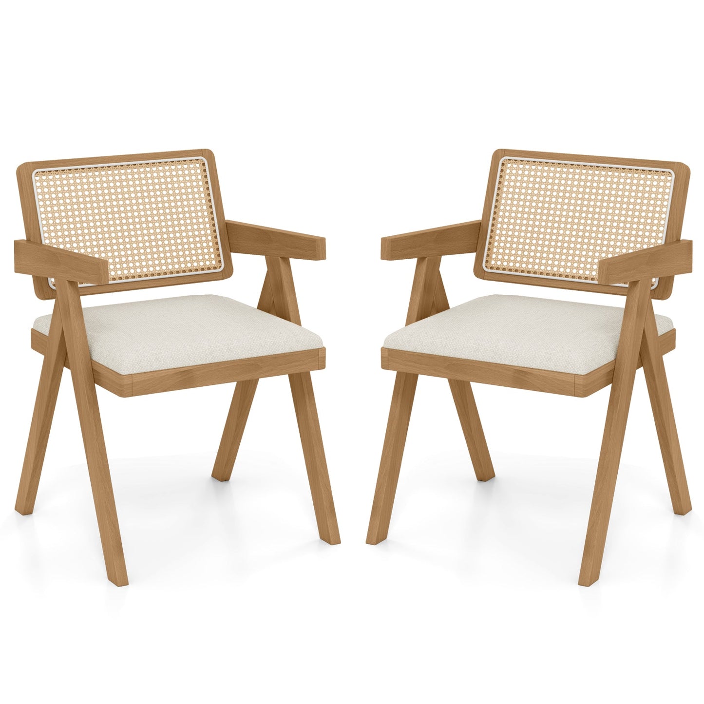 Juego de 2 sillas decorativas de ratán con cojín acolchado y estructura de madera de caucho - Gris