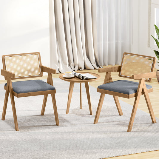Juego de 2 sillas decorativas de ratán con cojín acolchado y estructura de madera de caucho - Gris