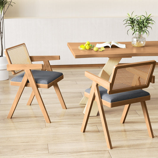 Juego de 2 sillas decorativas de ratán con cojín acolchado y estructura de madera de caucho - Gris
