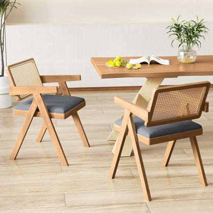 Juego de 2 sillas decorativas de ratán con cojín acolchado y estructura de madera de caucho - Gris