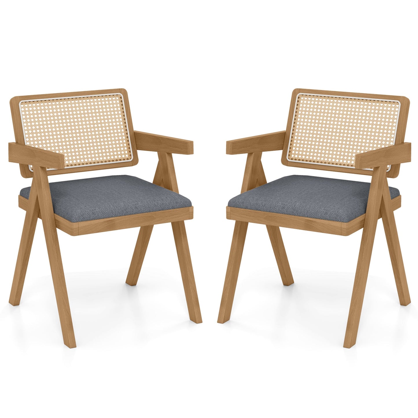 Juego de 2 sillas decorativas de ratán con cojín acolchado y estructura de madera de caucho - Gris