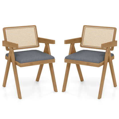 Juego de 2 sillas decorativas de ratán con cojín acolchado y estructura de madera de caucho - Gris