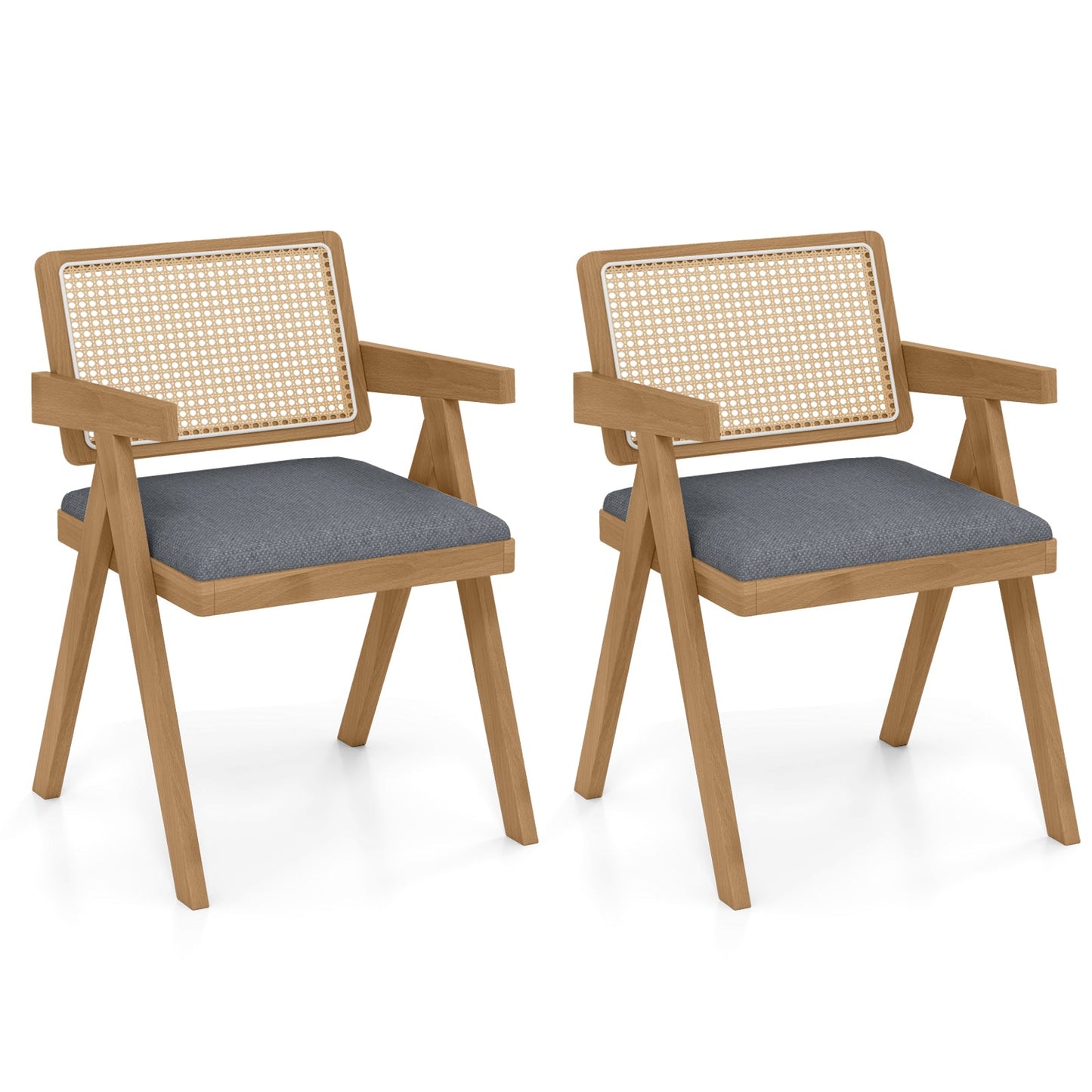 Juego de 2 sillas decorativas de ratán con cojín acolchado y estructura de madera de caucho - Gris